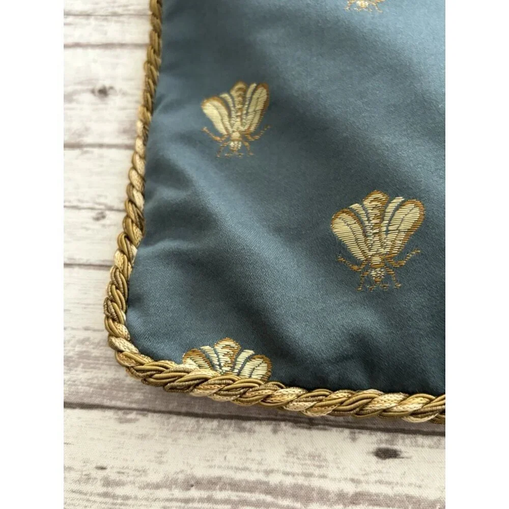 Vintage Blue Gold Bees PAIR Pillow Shams Rope Edge Brocade Zip 22x20”